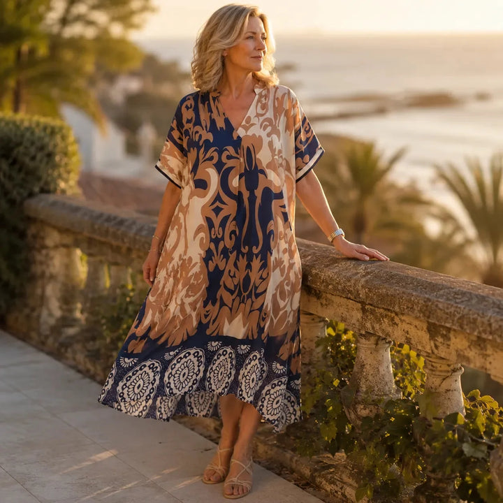 Marivelle – Coastal Damask V-Neck Loose Midi Dress for Women