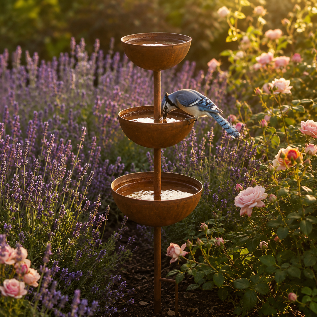 Birdwell – Rustic Iron Bird Bath Garden Stake with 3 Cascading Bowls