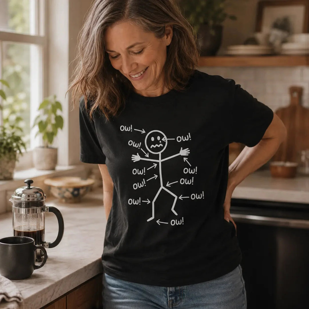 Achewear – Funny "Ow!" Stick Figure Graphic Tee, Relaxed Fit Cotton-like T-Shirt for Women &amp; Men
