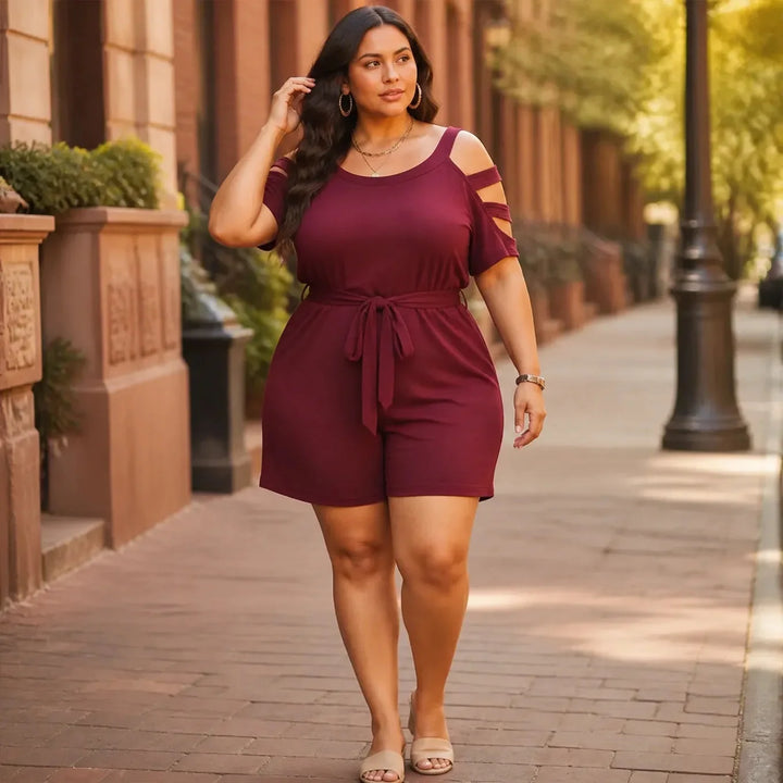 Curvella – Cold-Shoulder Belted Romper with Tie Waist &amp; Pockets