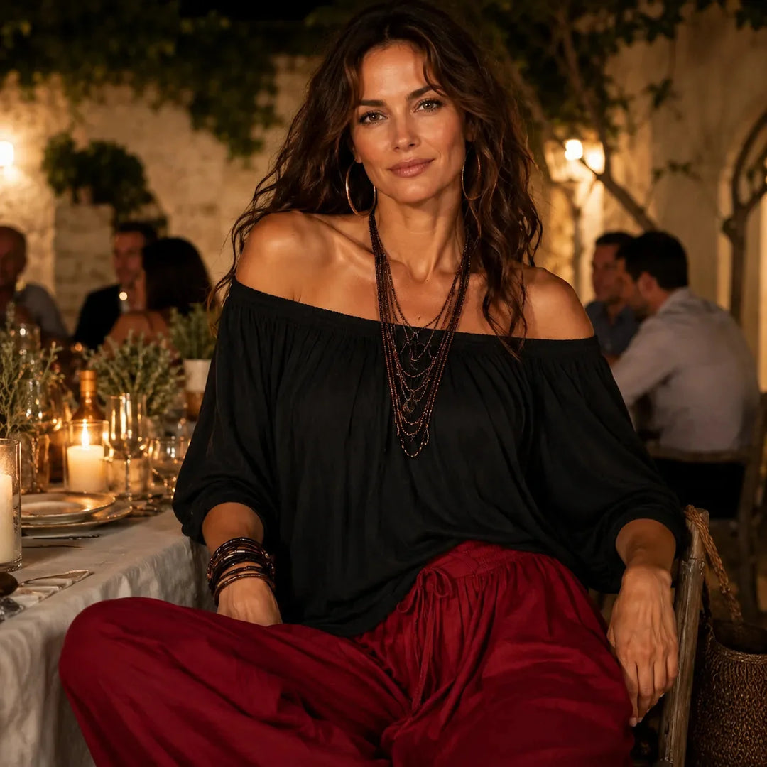 Solenza – Off-Shoulder Boho Top and Lantern Pants Set for Women