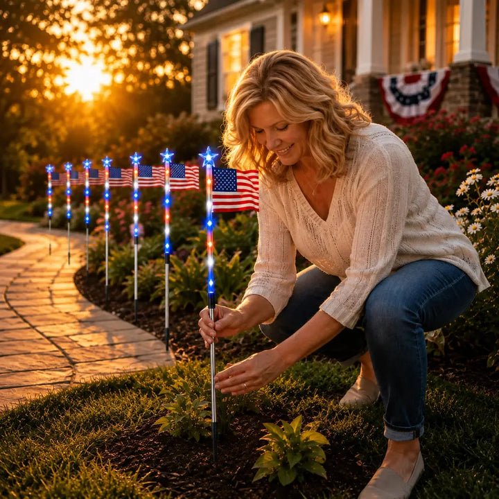 Stargrove – Solar American Flag Light Stakes, 8-Piece Set for 4th of July Walkway &amp; Yard Decor