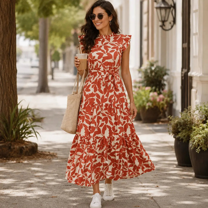 Sunlura – Flutter Sleeve Tie Waist Tiered Midi Dress, Summer Floral Print, Women&