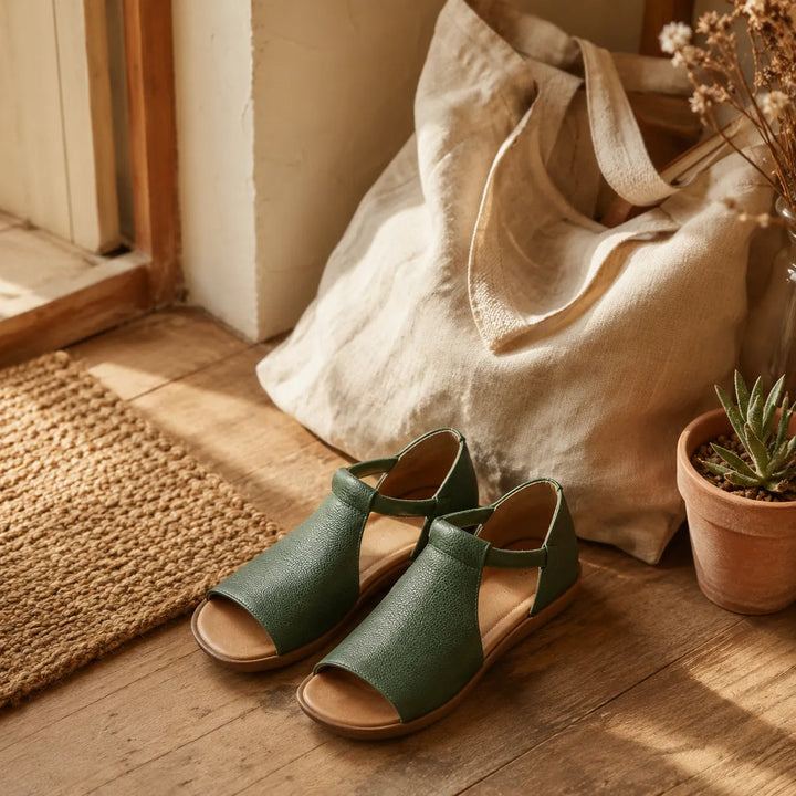 Solene – Pebbled PU T-Strap Flat Sandals for Women, Slip-On Open Toe Summer Shoes