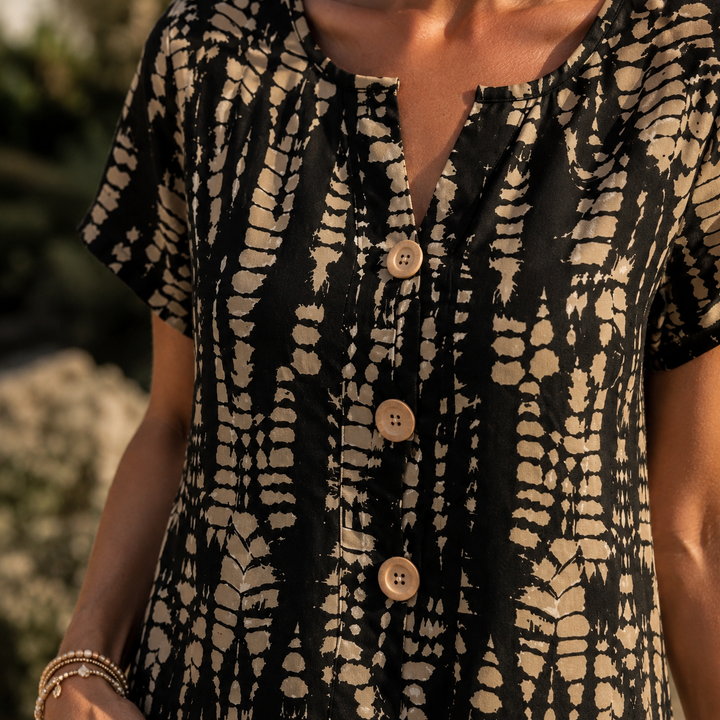 Solara – Printed A-Line Shift Dress with Short Sleeves &amp; Buttons