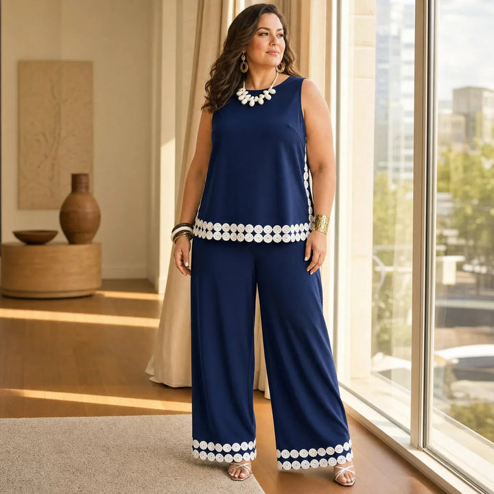 Marovée – Sleeveless Top &amp; Wide Leg Pants Set with Crochet-like Trim Details