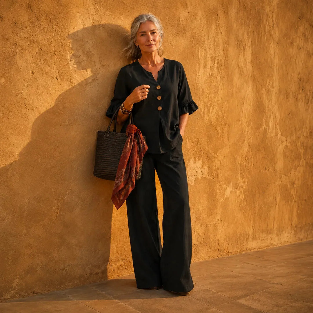 Lunavia – Linen-Look 2-Piece Set, Ruffle-Cuff Top &amp; Wide-Leg Trousers, Women&