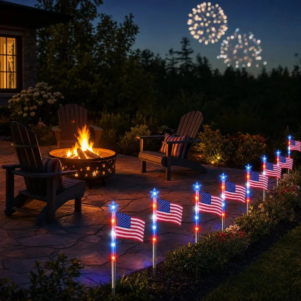Stargrove – Solar American Flag Light Stakes, 8-Piece Set for 4th of July Walkway &amp; Yard Decor