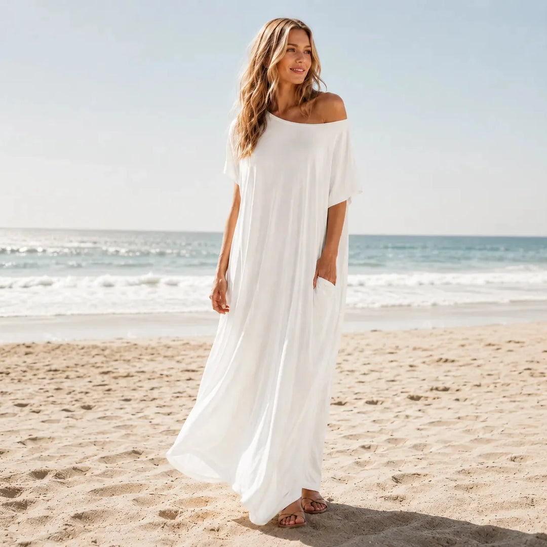 Solenne – Off-Shoulder Drape Maxi Dress with Side Pockets, Soft Viscose Throw-On Summer Dress
