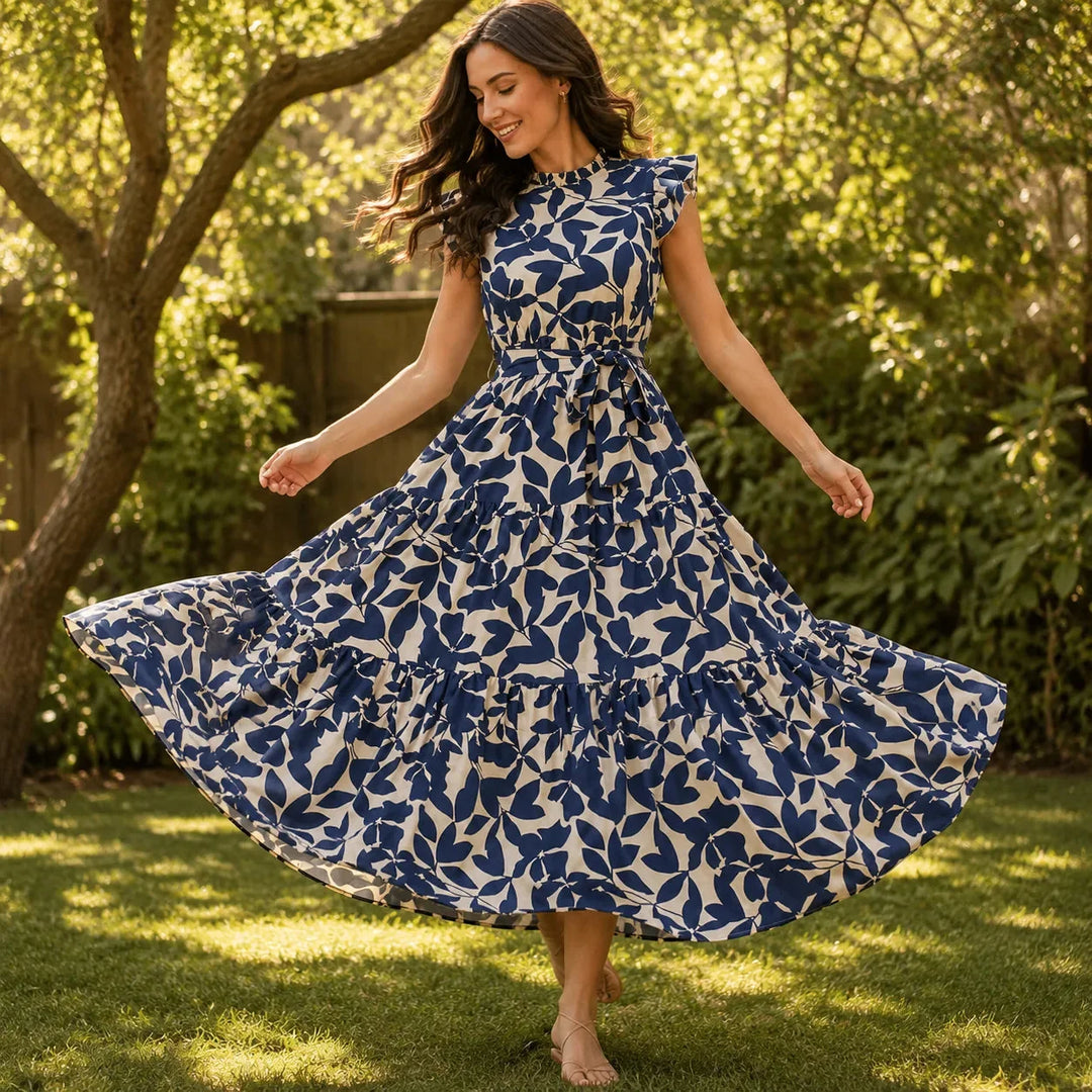 Sunlura – Flutter Sleeve Tie Waist Tiered Midi Dress, Summer Floral Print, Women&