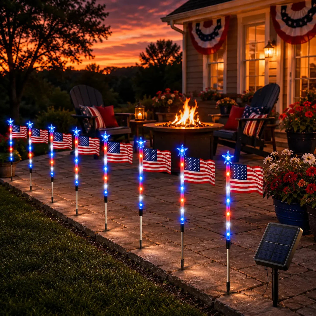 Stargrove – Solar American Flag Light Stakes, 8-Piece Set for 4th of July Walkway &amp; Yard Decor
