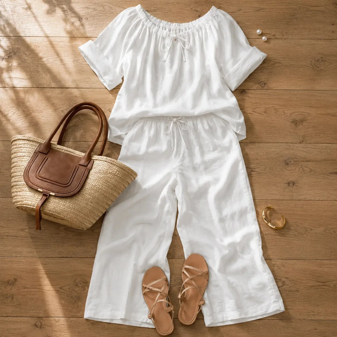 Soléne – Off-Shoulder Drawstring Top &amp; Wide-Leg Pants 2-Piece Set