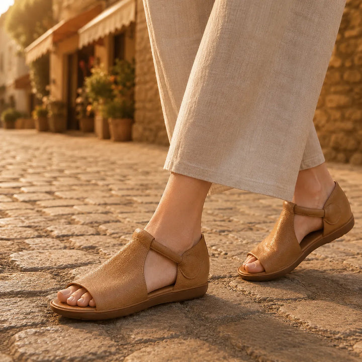 Solene – Pebbled PU T-Strap Flat Sandals for Women, Slip-On Open Toe Summer Shoes