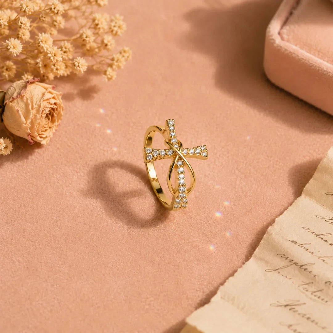 Graceloop – Mobius Cross Ring with Pavé Stones, Gold or Silver