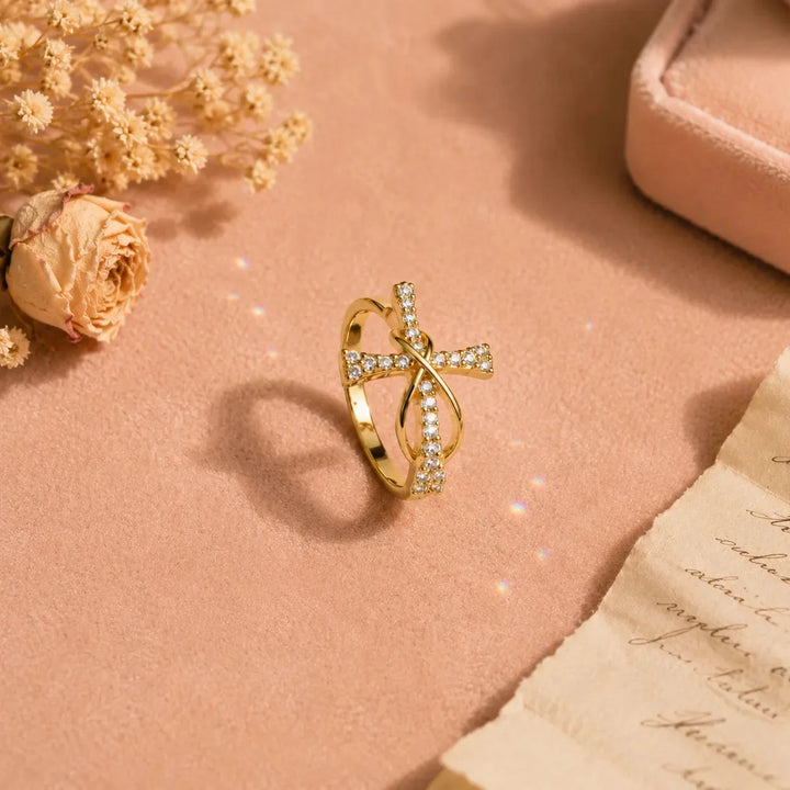 Graceloop – Mobius Cross Ring with Pavé Stones, Gold or Silver