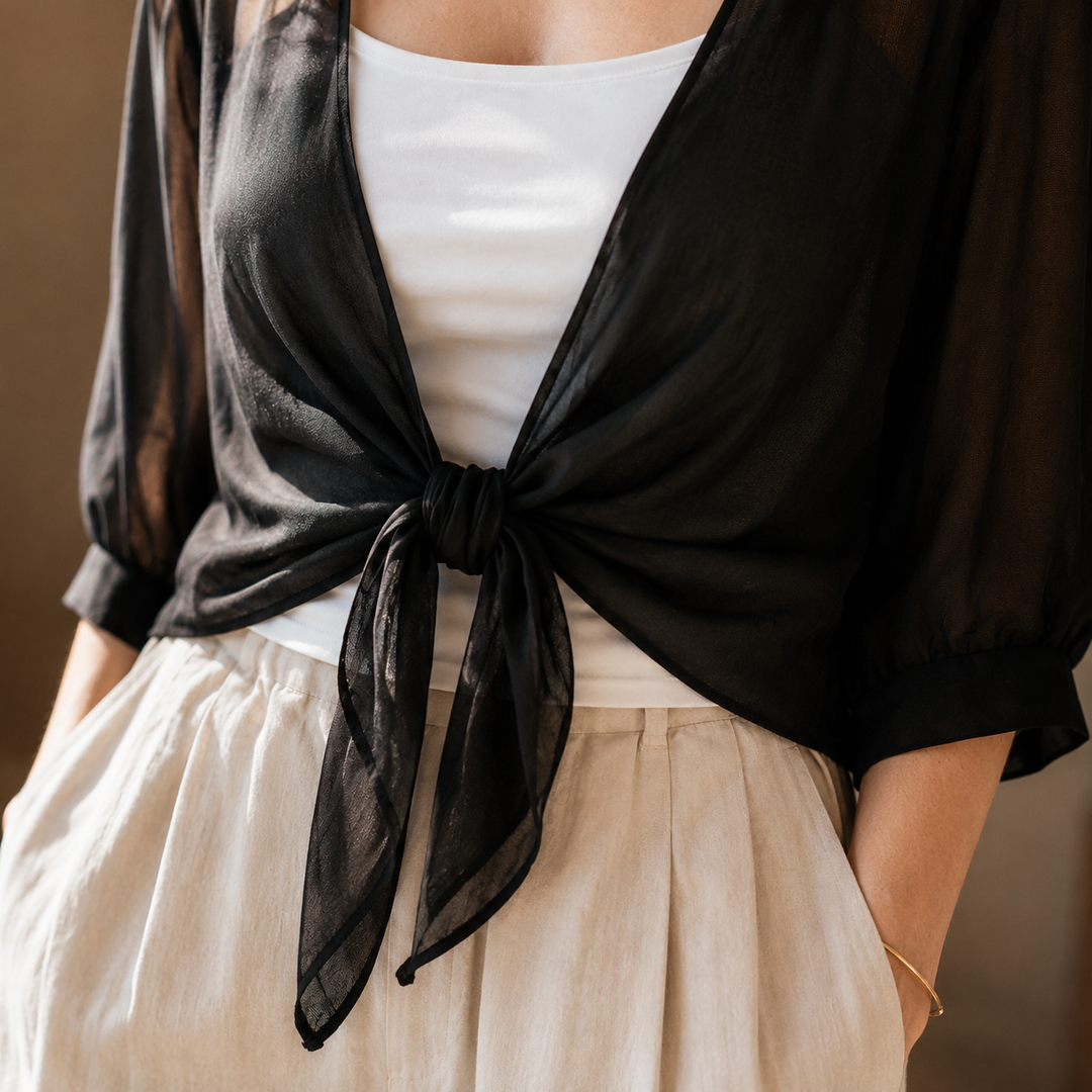 Veluna – Chiffon Tie-Front Top with Puff Sleeves