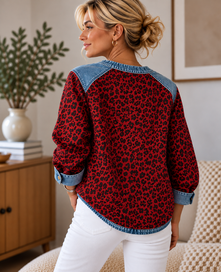 Leopard Print Sweater with Denim Collar