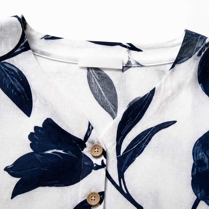 Florelle – Floral Linen V-Neck Popover Blouse with 3/4 Sleeves