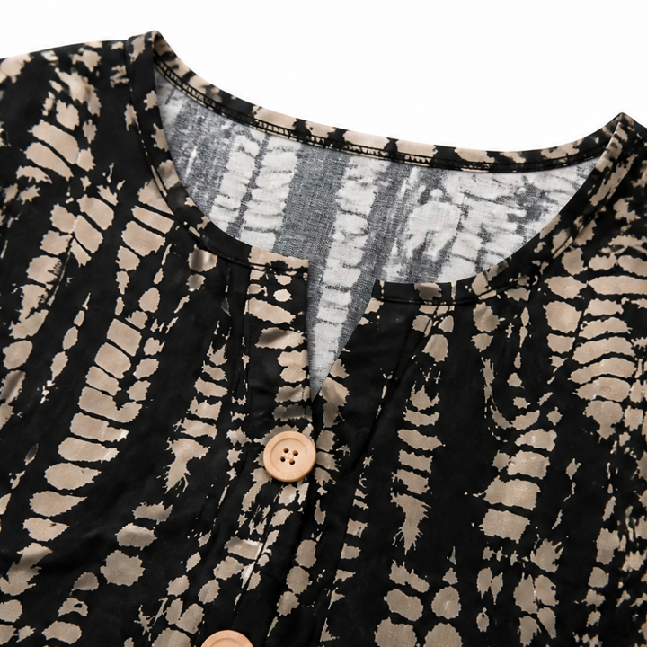 Solara – Printed A-Line Shift Dress with Short Sleeves &amp; Buttons