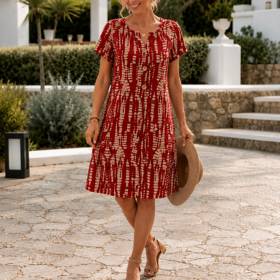 Solara – Printed A-Line Shift Dress with Short Sleeves &amp; Buttons