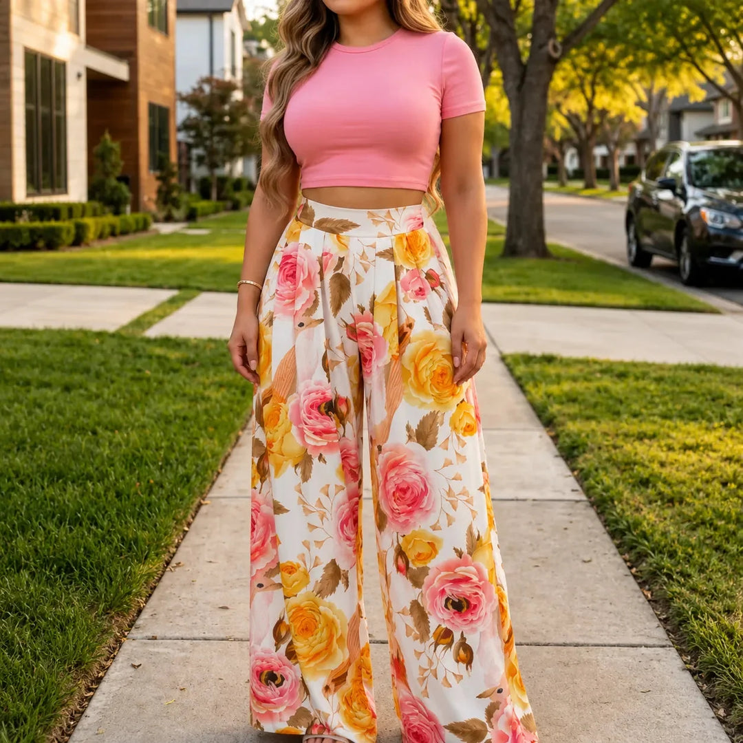 Florenza – Fitted Crop Top &amp; Wide Leg Pants Two Piece Set for Women