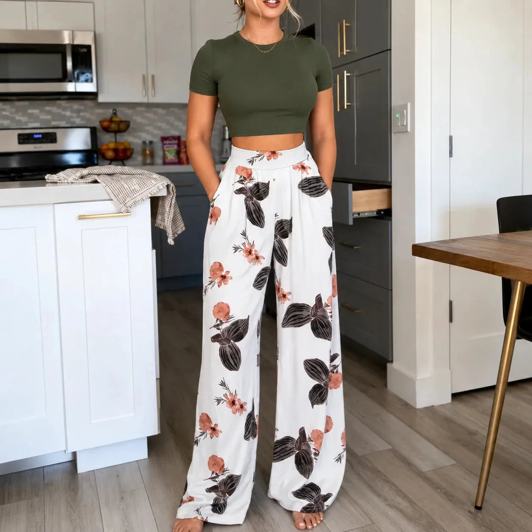 Florenza – Fitted Crop Top &amp; Wide Leg Pants Two Piece Set for Women