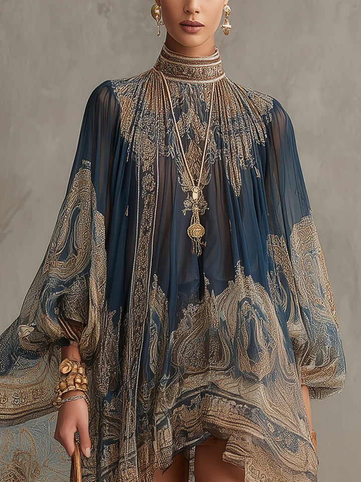 Mini-robe asymétrique bleu marine à imprimé baroque et col montant