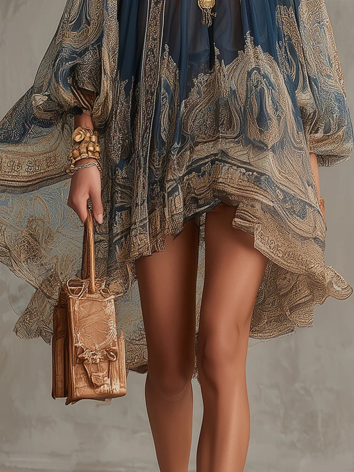 Mini-robe asymétrique bleu marine à imprimé baroque et col montant
