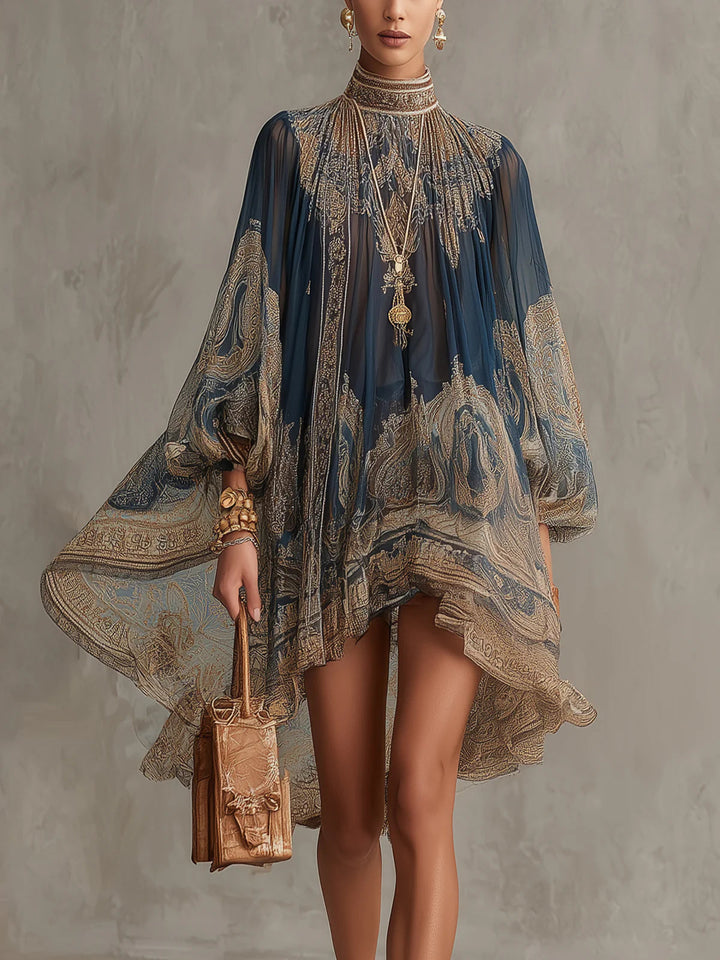Mini-robe asymétrique bleu marine à imprimé baroque et col montant