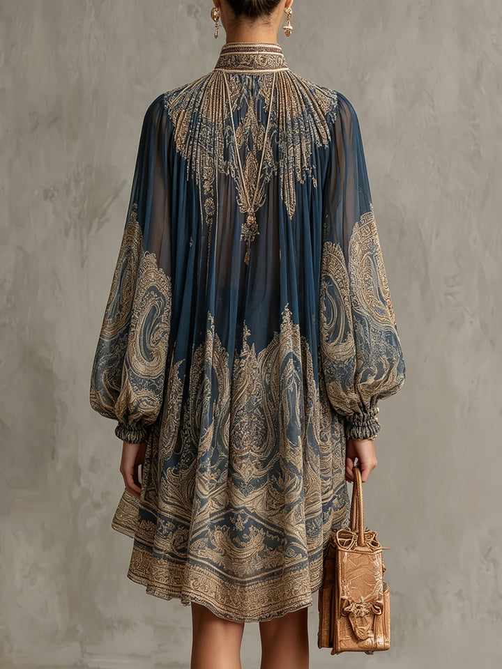 Mini-robe asymétrique bleu marine à imprimé baroque et col montant