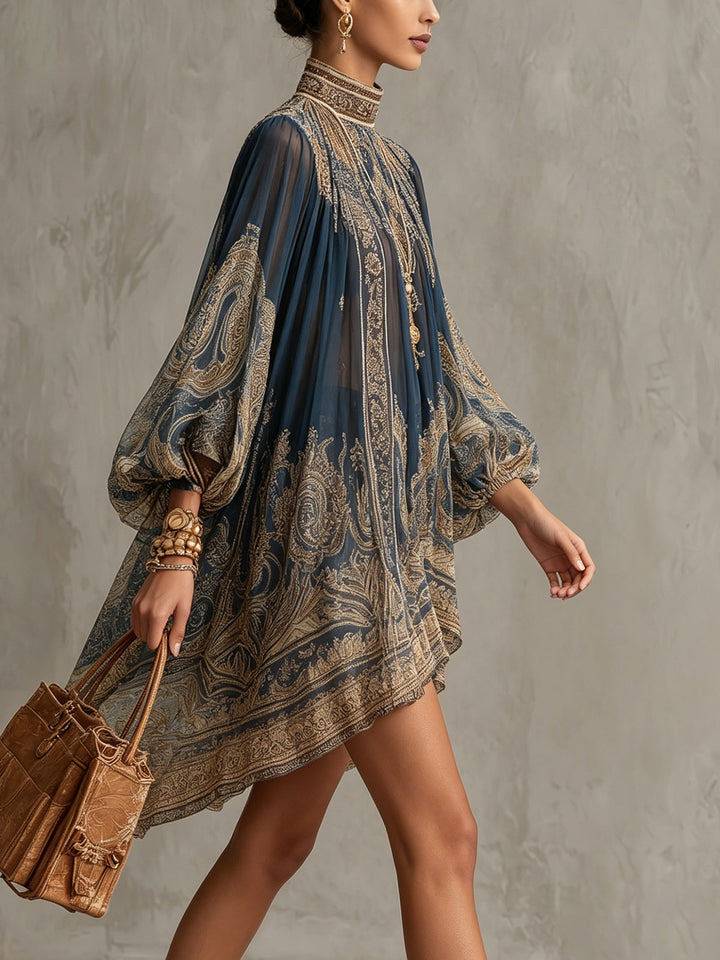 Mini-robe asymétrique bleu marine à imprimé baroque et col montant