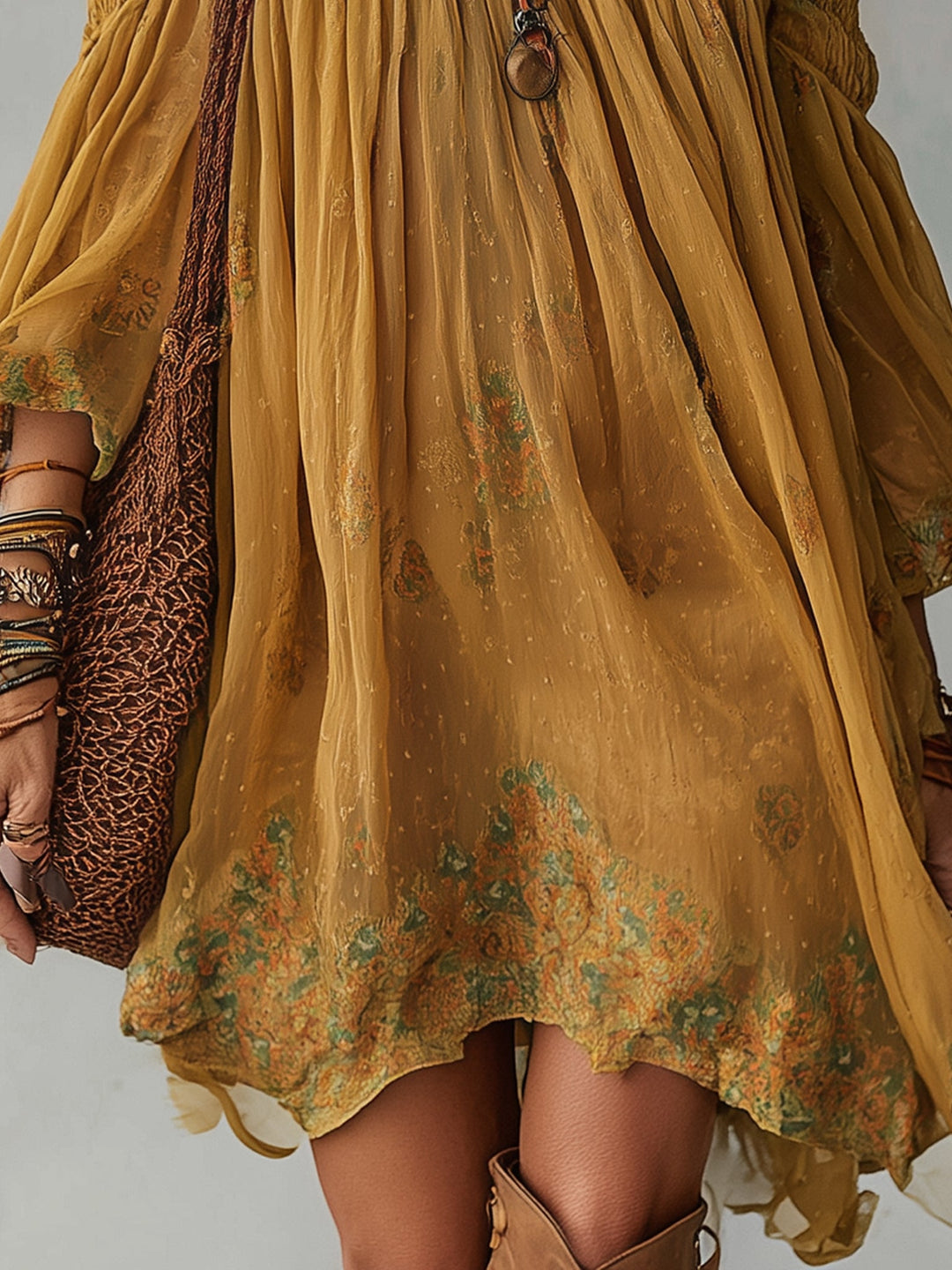 Robe courte en mousseline jaune à fleurs et épaules dénudées