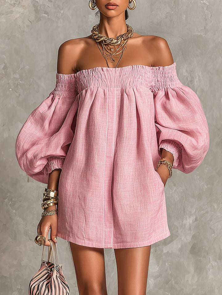 Mini-robe ample rose à épaules dénudées et manches lanternes