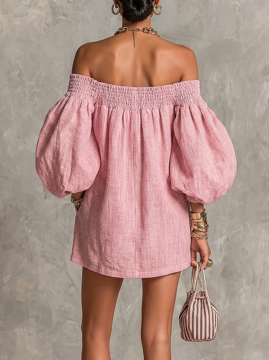 Mini-robe ample rose à épaules dénudées et manches lanternes