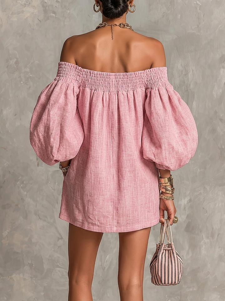 Mini-robe ample rose à épaules dénudées et manches lanternes