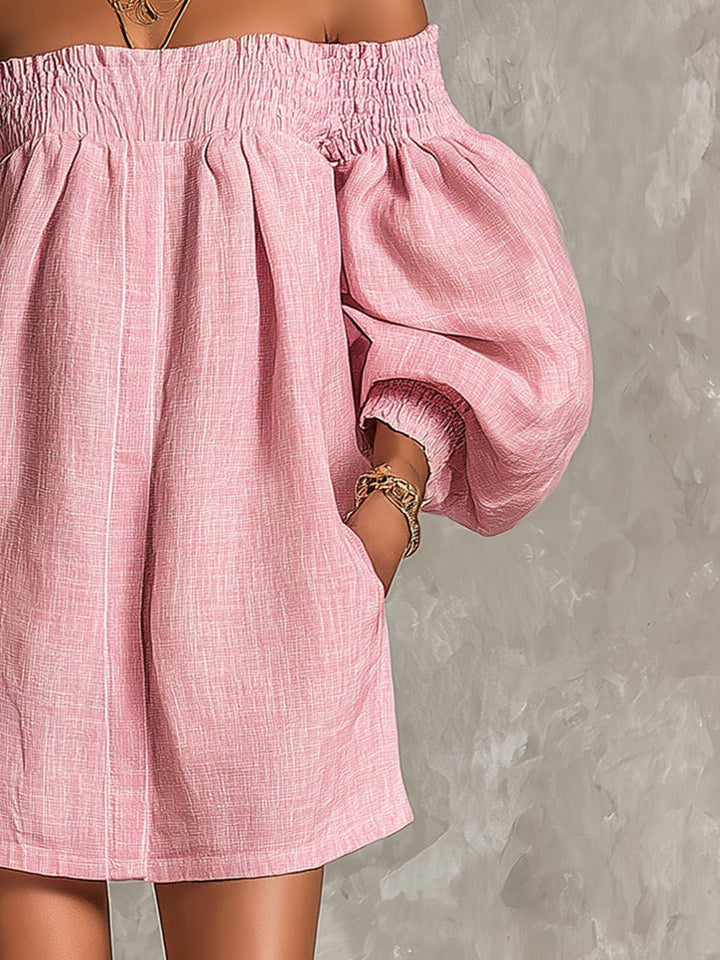 Mini-robe ample rose à épaules dénudées et manches lanternes