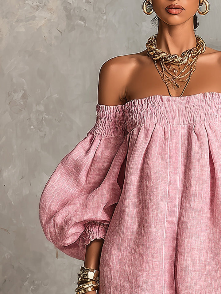 Mini-robe ample rose à épaules dénudées et manches lanternes