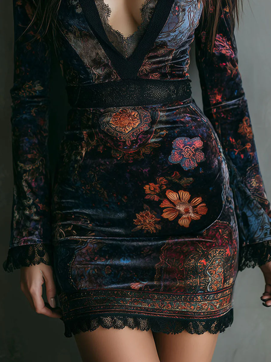 Mini-robe moulante en velours à imprimé floral, col en V et garniture en dentelle