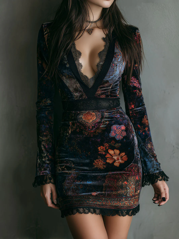 Mini-robe moulante en velours à imprimé floral, col en V et garniture en dentelle