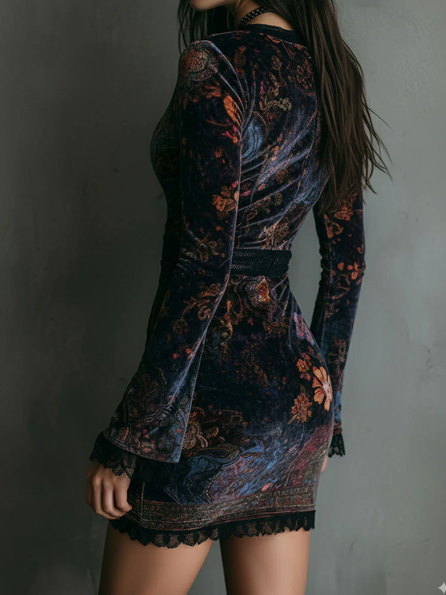 Mini-robe moulante en velours à imprimé floral, col en V et garniture en dentelle
