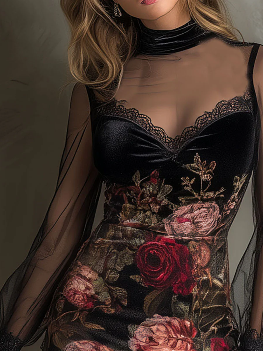 Mini-robe en tulle imprimé roses avec garniture en dentelle