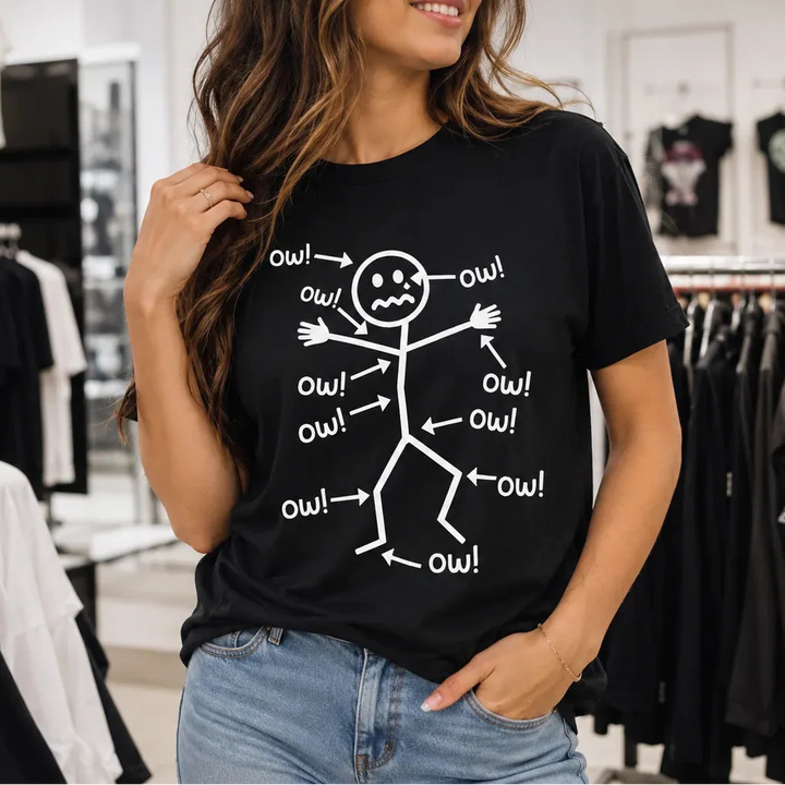 Achewear – Funny "Ow!" Stick Figure Graphic Tee, Relaxed Fit Cotton-like T-Shirt for Women &amp; Men