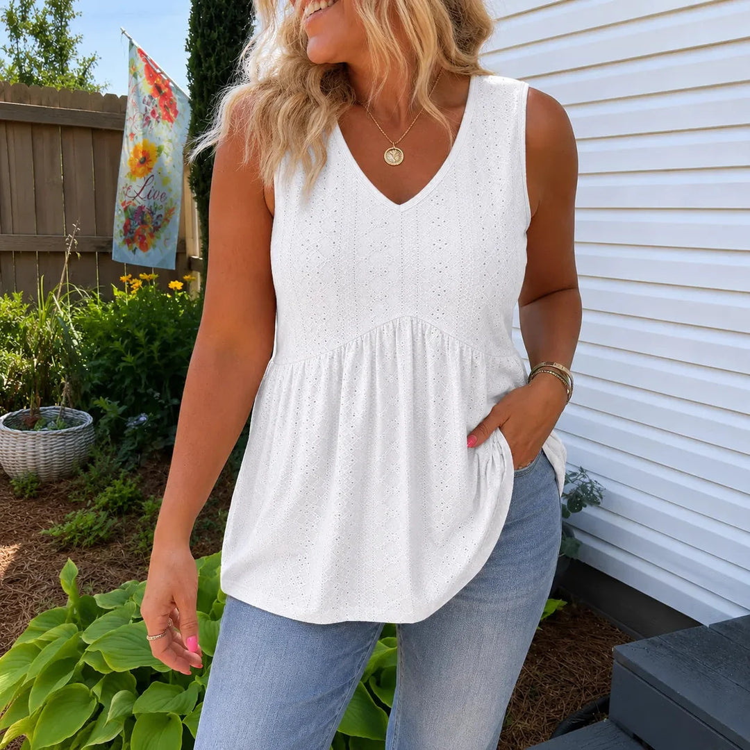 Florelle – Eyelet Peplum V-Neck Tank Top for Women, Flowy Sleeveless Summer Top