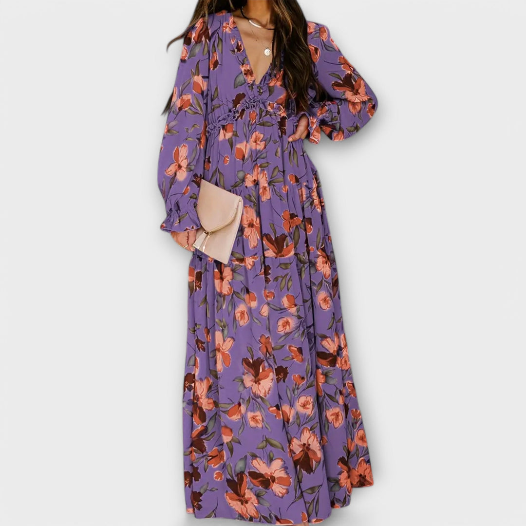 Aldona | Maxi Floral Dress with V-Neck and Pleated Fabric