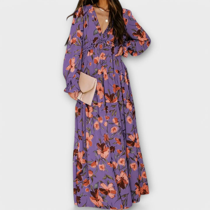 Aldona | Maxi Floral Dress with V-Neck and Pleated Fabric