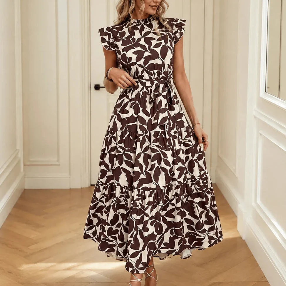 Sunlura – Flutter Sleeve Tie Waist Tiered Midi Dress, Summer Floral Print, Women&