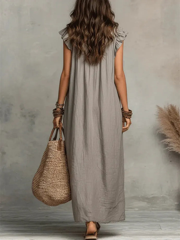 Robe décontractée pour femme en coton et lin, couleur unie, à volants, style artistique et confortable