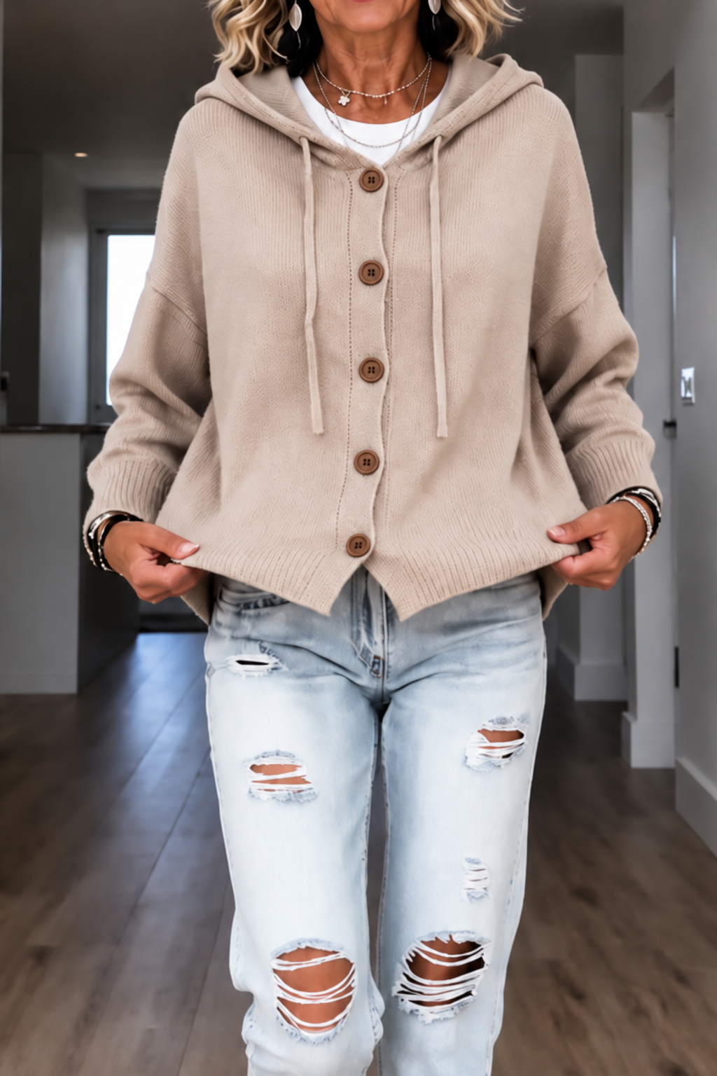 Wearbella – Hooded Ribbed Knit Drawstring Cardigan