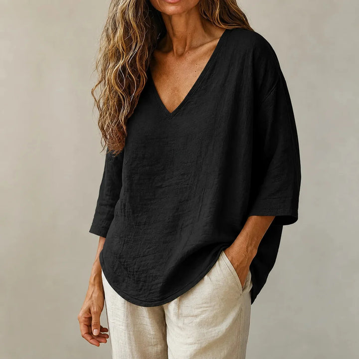 Linvie – Loose V-Neck Linen-Look Blouse with Three-Quarter Sleeves