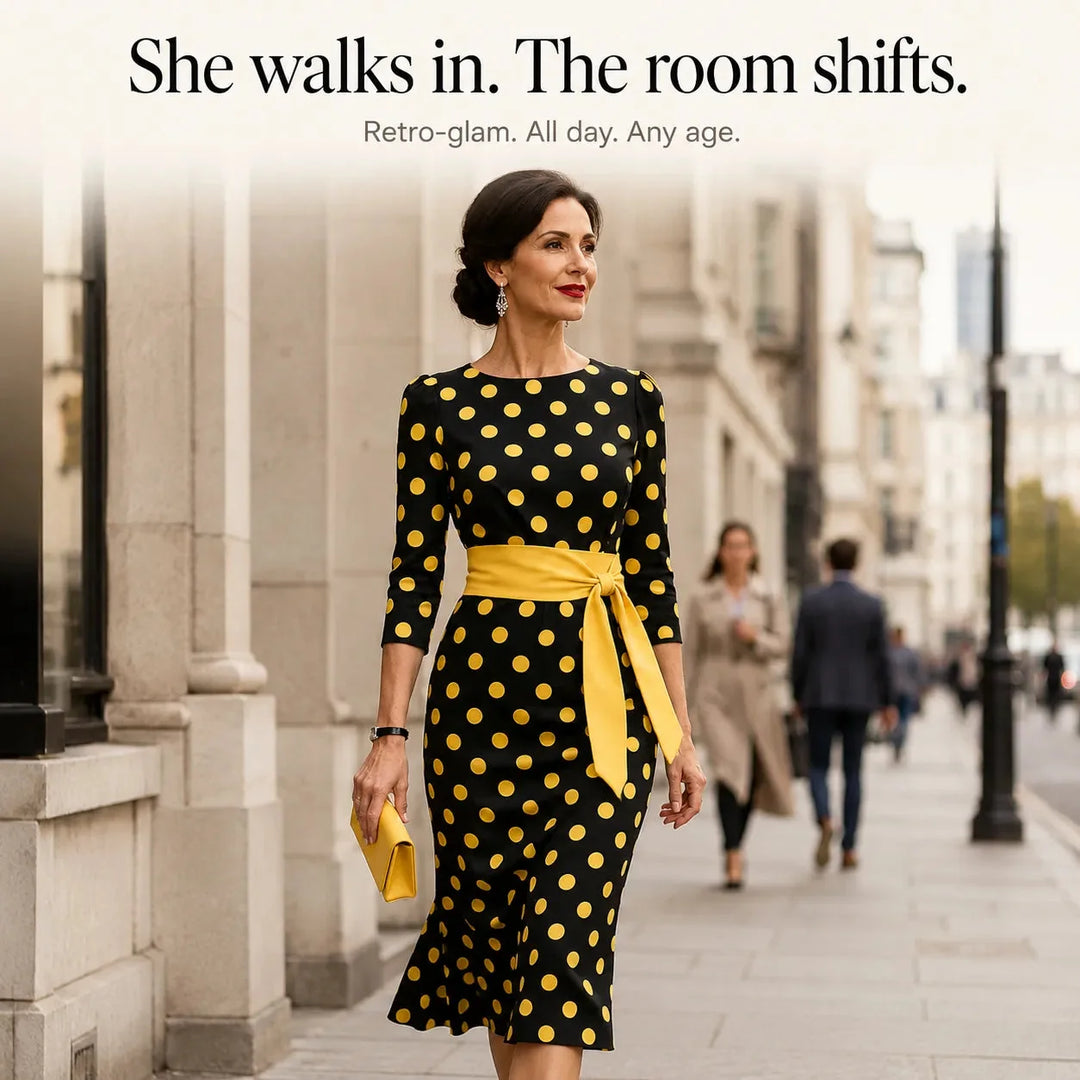 Belora – Retro Polka Dot Midi Dress with Belted Waist